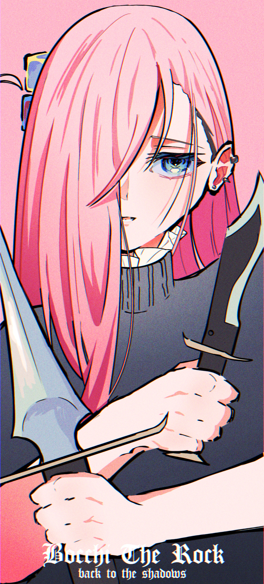 1girl absurdres black_shirt blue_eyes bocchi_the_rock! copyright_name cube_hair_ornament ear_piercing english_text gotoh_hitori hair_ornament hair_over_one_eye highres holding holding_sword holding_weapon irreligiositat looking_at_viewer open_mouth piercing pink_background pink_hair shirt sword turtleneck weapon