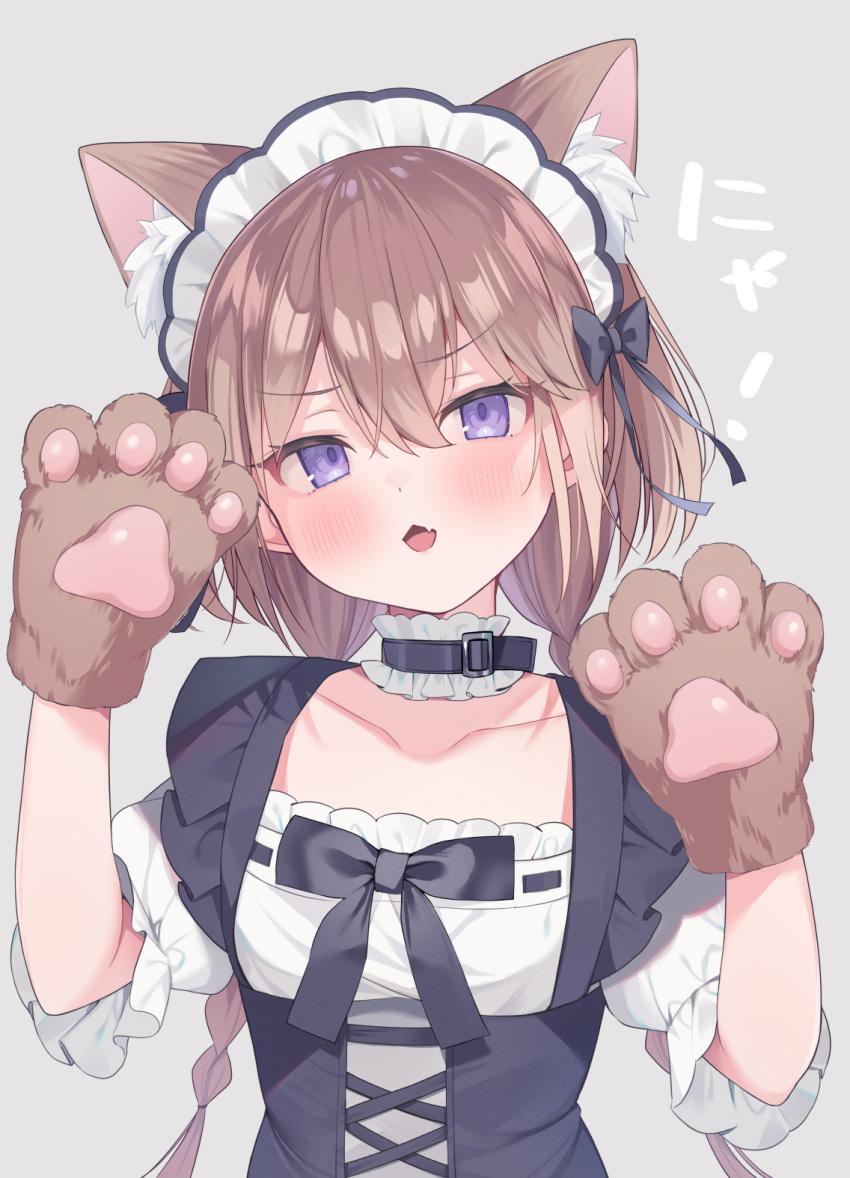 1girl animal_ear_fluff animal_ears animal_hands black_dress blush braid breasts brown_gloves brown_hair collarbone commentary_request dress ebihara_beniko fang gloves grey_background hair_between_eyes hands_up highres long_hair looking_at_viewer low_twintails open_mouth original paw_gloves puffy_short_sleeves puffy_sleeves shirt short_sleeves simple_background sleeveless sleeveless_dress small_breasts solo translation_request twin_braids twintails upper_body very_long_hair violet_eyes white_shirt
