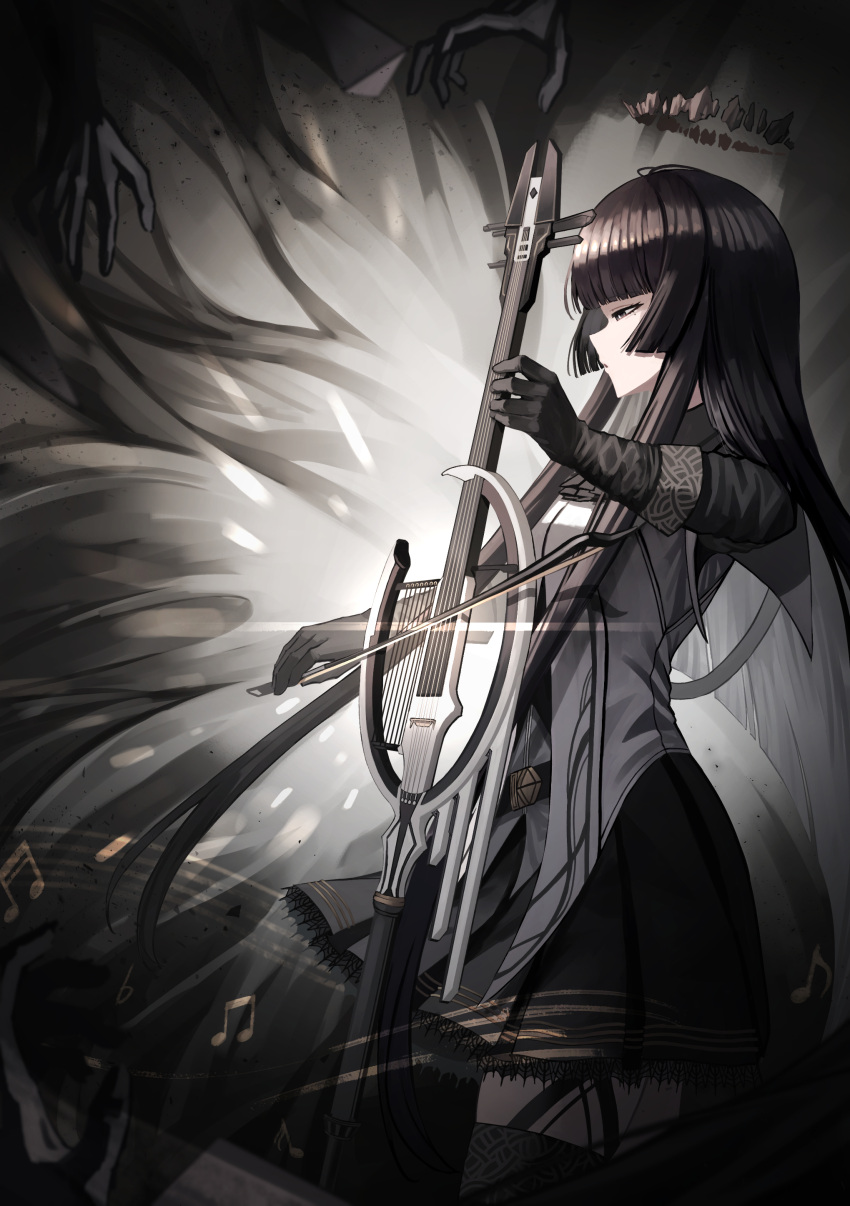 1girl absurdres antenna_hair arknights ascot backlighting belt belt_buckle black_ascot black_belt black_bustier black_eyes black_garter_straps black_gloves black_hair black_halo black_skirt black_thighhighs blunt_bangs bow_(music) breasts bright_pupils broken_halo buckle bustier cello colored_inner_hair commentary cowboy_shot dark_halo dress_shirt expressionless floating_hair from_side garter_straps glint gloves grey_hair grey_shirt half-closed_eyes halo hands_up highres hime_cut holding holding_bow_(music) holding_instrument holding_violin instrument kimsuwan2013 long_hair long_sleeves looking_afar looking_ahead miniskirt mole mole_under_eye multicolored_hair music musical_note originium_arts_(arknights) outstretched_hand pale_skin parted_lips playing playing_instrument pleated_skirt profile reaching_towards_another shade shadow shirt short_sleeves sidelocks skirt small_breasts solo staff_(music) standing thigh-highs two-tone_hair very_long_hair vignetting violin virtuosa_(arknights) white_pupils wide_sleeves zettai_ryouiki