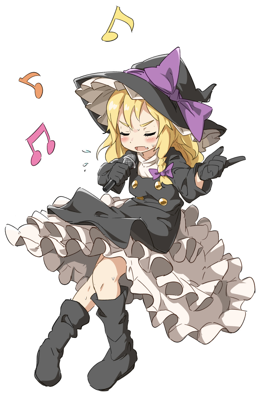 1boy absurdres berazasu black_coat black_footwear black_gloves black_headwear blonde_hair blush boots bow braid closed_eyes coat commentary_request cookie_(touhou) embarrassed fang frilled_skirt frills full_body genderswap genderswap_(ftm) gloves hat hat_bow highres holding holding_microphone index_finger_raised kirisame_marisa long_hair male_focus microphone music musical_note open_mouth otoko_no_ko purple_bow rei_(cookie) shirt short_bangs side_braid simple_background singing single_braid skirt solo touhou turtleneck v-shaped_eyebrows white_background white_shirt white_skirt witch_hat