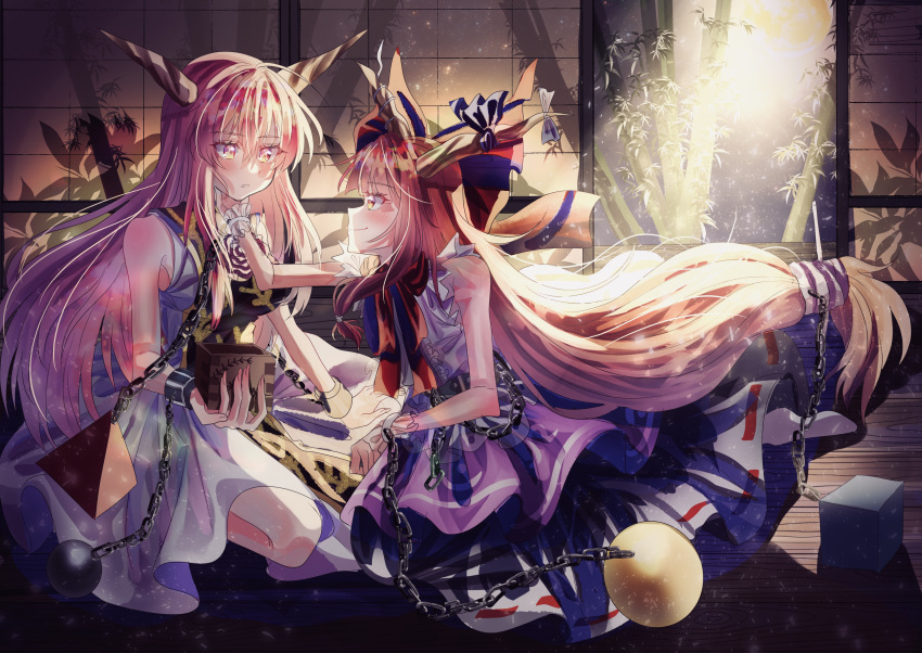 2girls absurdres bamboo belt blonde_hair blunt_bangs bow bowtie brown_horns chain closed_mouth commentary_request cube dress expressionless full_body hair_between_eyes hair_bow hand_on_another's_cheek hand_on_another's_face hayashida_chiyo highres horn_bow horn_ornament horns ibaraki_douji_(touhou) ibuki_suika indoors long_bangs long_hair looking_at_another low-tied_long_hair masu medium_bangs multiple_girls open_mouth orb pink_hair purple_bow pyramid_(geometry) red_bow red_bowtie ribbon-trimmed_skirt ribbon_trim shirt shouji sidelocks sleeveless sleeveless_dress sleeveless_shirt sliding_doors smile socks tabard touhou very_long_hair white_bow white_dress white_shirt wrist_cuffs yellow_eyes