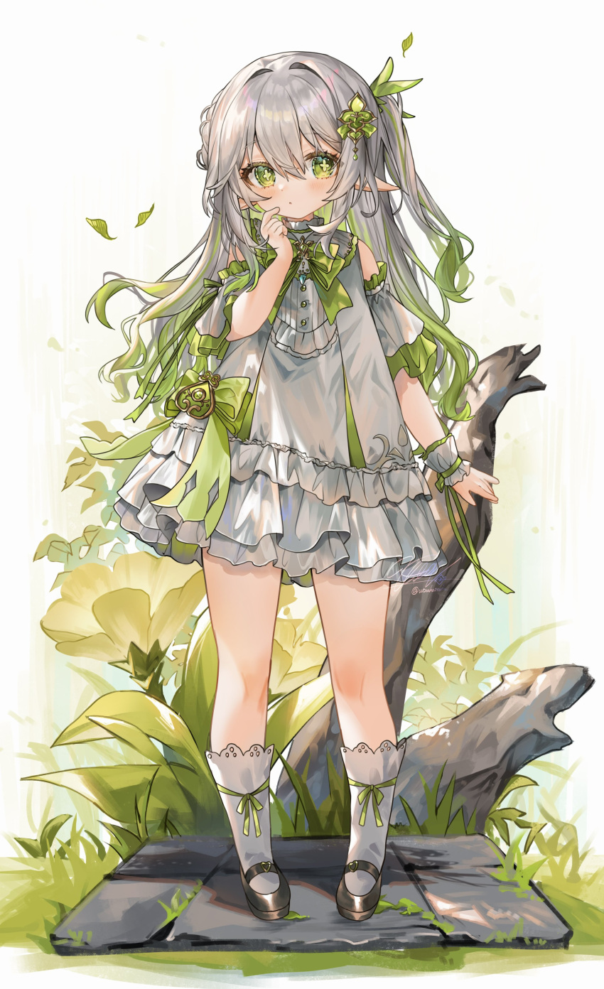 1girl absurdres alternate_costume alternate_hair_length alternate_hairstyle black_footwear bow bowtie bright_pupils closed_mouth cross-shaped_pupils detached_sleeves dress falling_leaves finger_to_mouth full_body genshin_impact gradient_hair green_bow green_bowtie green_eyes green_hair grey_hair hair_ornament highres leaf long_hair mary_janes multicolored_hair nahida_(genshin_impact) one_side_up pointy_ears ribbon_legwear scrunchie shoes short_sleeves sleeveless sleeveless_dress socks solo standing symbol-shaped_pupils utsuhostoria white_dress white_pupils white_socks wrist_scrunchie