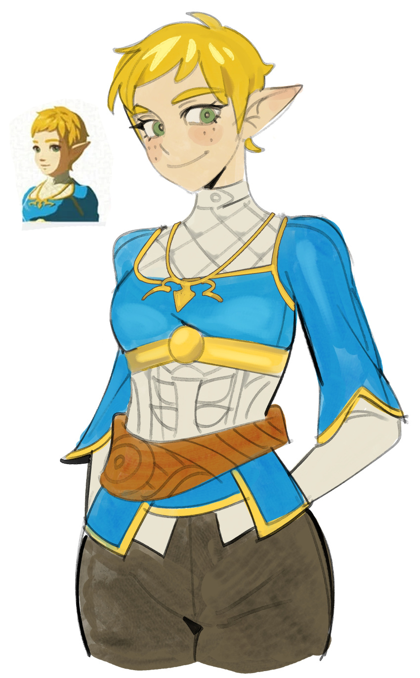 1girl absurdres alternate_hair_length_(shorter) blonde_hair blue_shirt blush closed_mouth commentary cropped_legs english_commentary eyelashes freckles green_eyes highres long_sleeves official_alternate_hairstyle official_art_inset pixie_cut pointy_ears princess_zelda prototype_design reference_inset shirt short_hair shy-shortcake simple_background smile solo the_legend_of_zelda the_legend_of_zelda:_tears_of_the_kingdom very_short_hair white_background