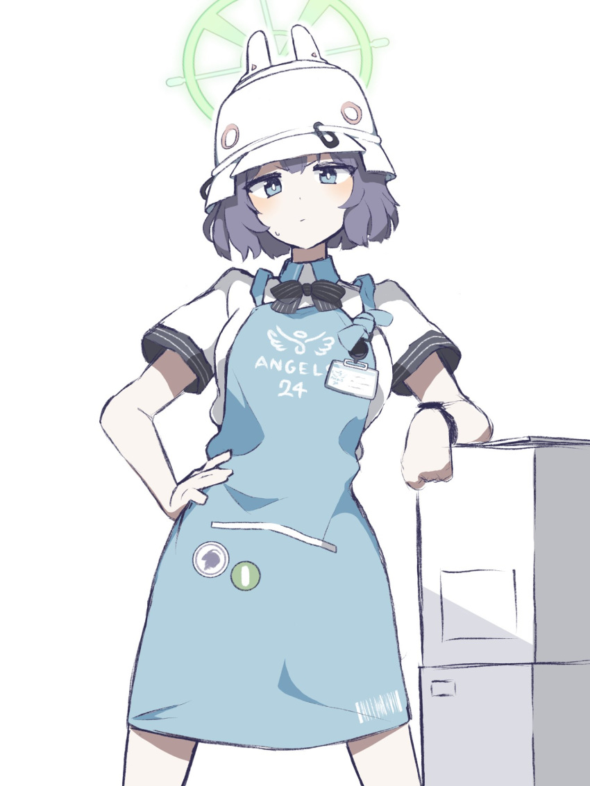 1girl apron badge blue_archive blue_eyes bow bowtie box breasts button_badge closed_mouth collared_shirt feet_out_of_frame frown halo hand_on_own_hip helmet highres legs_apart looking_at_viewer medium_breasts name_tag purple_hair saki_(blue_archive) shirt short_hair short_sleeves simple_background solo standing straight_hair sweatdrop uni_gyoza v-shaped_eyebrows watch watch white_background white_shirt