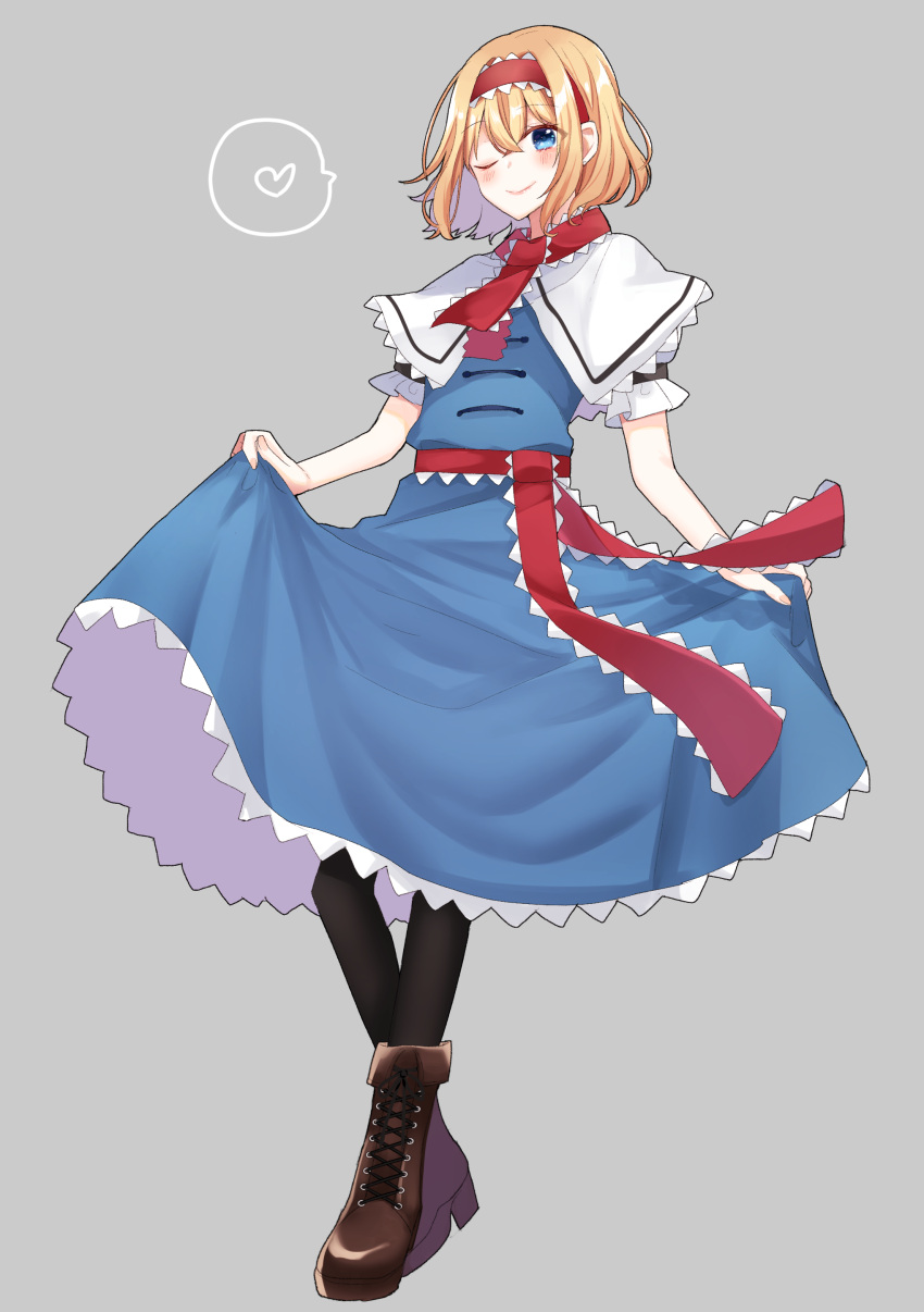 1girl ;) absurdres alice_margatroid black_pantyhose blonde_hair blue_eyes blue_shirt blue_skirt blush boots capelet commentary_request hairband heart highres holding holding_clothes holding_skirt one_eye_closed pantyhose puffy_short_sleeves puffy_sleeves red_hairband sakura_yuto shirt short_hair short_sleeves simple_background skirt smile solo touhou white_capelet