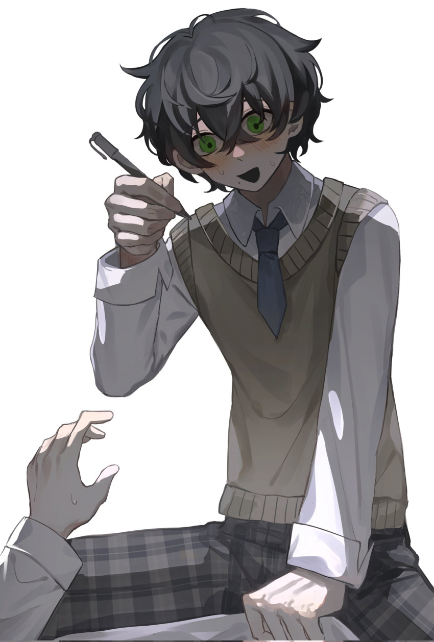 1boy 1other black_hair calasile degrees_of_lewdity green_eyes highres kylar_(degrees_of_lewdity) male_focus necktie open_mouth pen player_character_(degrees_of_lewdity) school_uniform simple_background solo sweater white_background