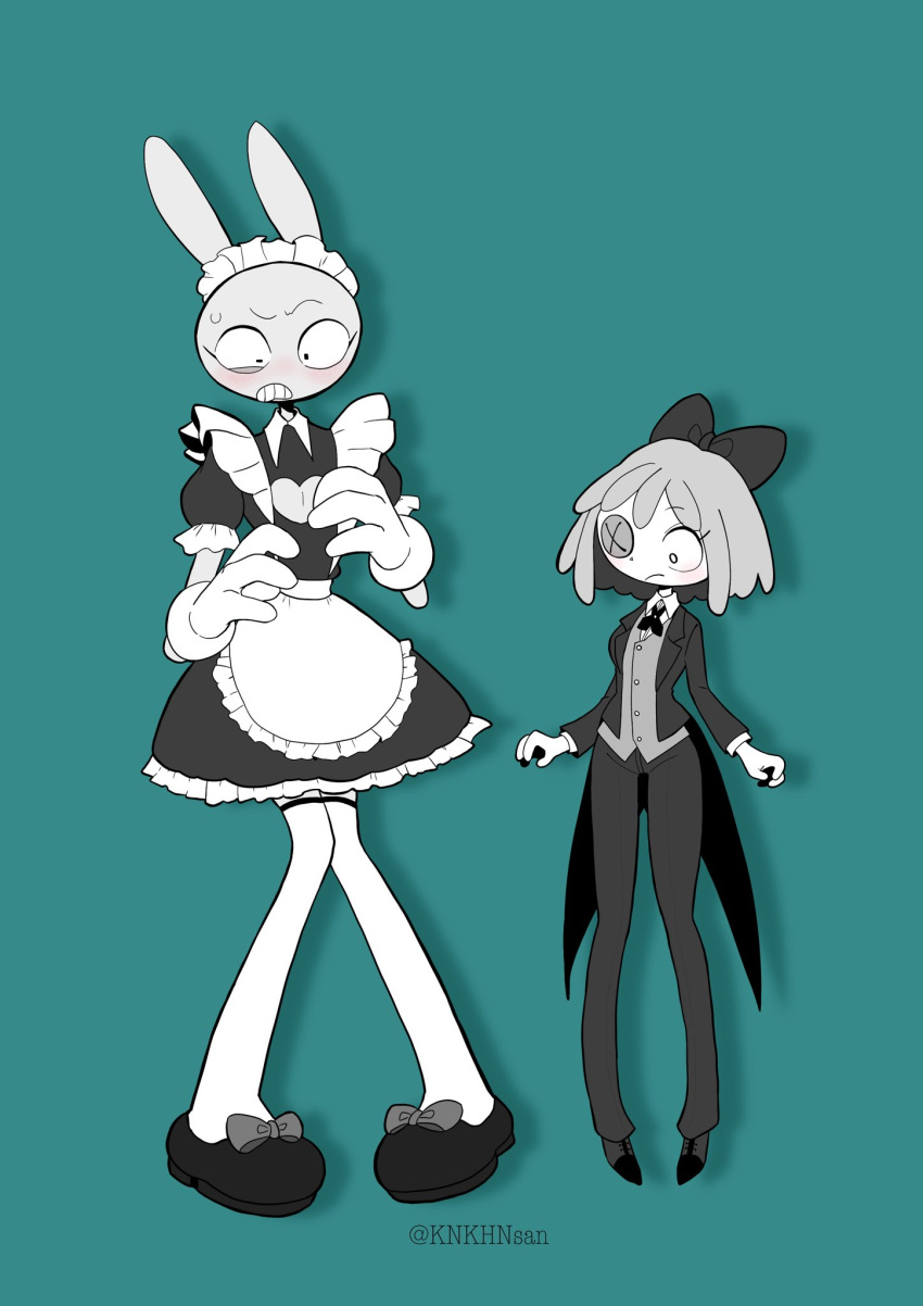 1boy 1girl alternate_costume animal_ears apron black_footwear black_pants blush bow button_eyes constricted_pupils full_body furry gloves hair_bow highres jax_(the_amazing_digital_circus) knkhnsan looking_at_another looking_down maid_apron pants rabbit_boy rabbit_ears ragatha_(the_amazing_digital_circus) simple_background standing suit sweatdrop the_amazing_digital_circus thigh-highs vest