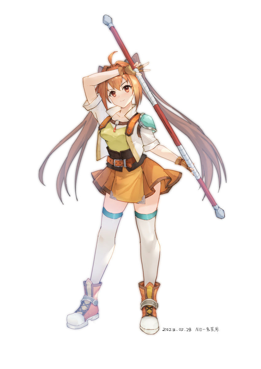 1girl absurdres ahoge belt boots breasts collar collarbone commentary_request cross-laced_footwear dated double-parted_bangs eiyuu_densetsu estelle_bright eyelashes highres holding holding_staff long_hair n100924 orange_footwear orange_hair orange_skirt red_eyes simple_background single_shoulder_pad skirt smile solo sora_no_kiseki staff thigh-highs v white_background white_collar white_thighhighs