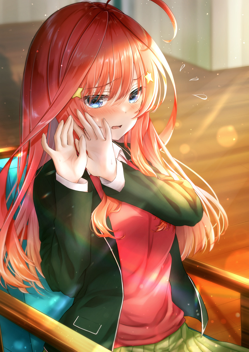 1girl absurdres ahoge aki_kakao black_jacket blazer blue_eyes blush chair go-toubun_no_hanayome green_skirt hair_ornament hands_up highres indoors jacket long_hair long_sleeves nakano_itsuki on_chair open_clothes open_jacket open_mouth pleated_skirt red_sweater_vest redhead school_uniform sitting skirt solo star_(symbol) star_hair_ornament sweatdrop sweater_vest