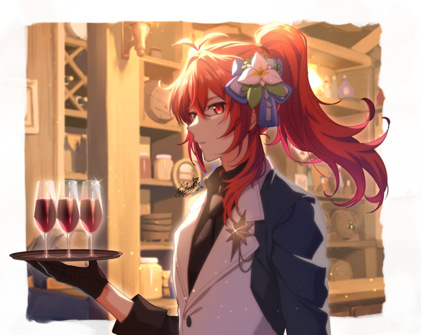 1boy alcohol black_gloves black_necktie black_shirt cup diluc_(genshin_impact) drinking_glass flower genshin_impact glass gloves hair_between_eyes hair_flower hair_ornament highres holding holding_plate long_hair long_sleeves male_focus necktie plate ponytail red_eyes redhead shirt solo vest white_vest wine wine_glass yuu_(mboj_fdk)