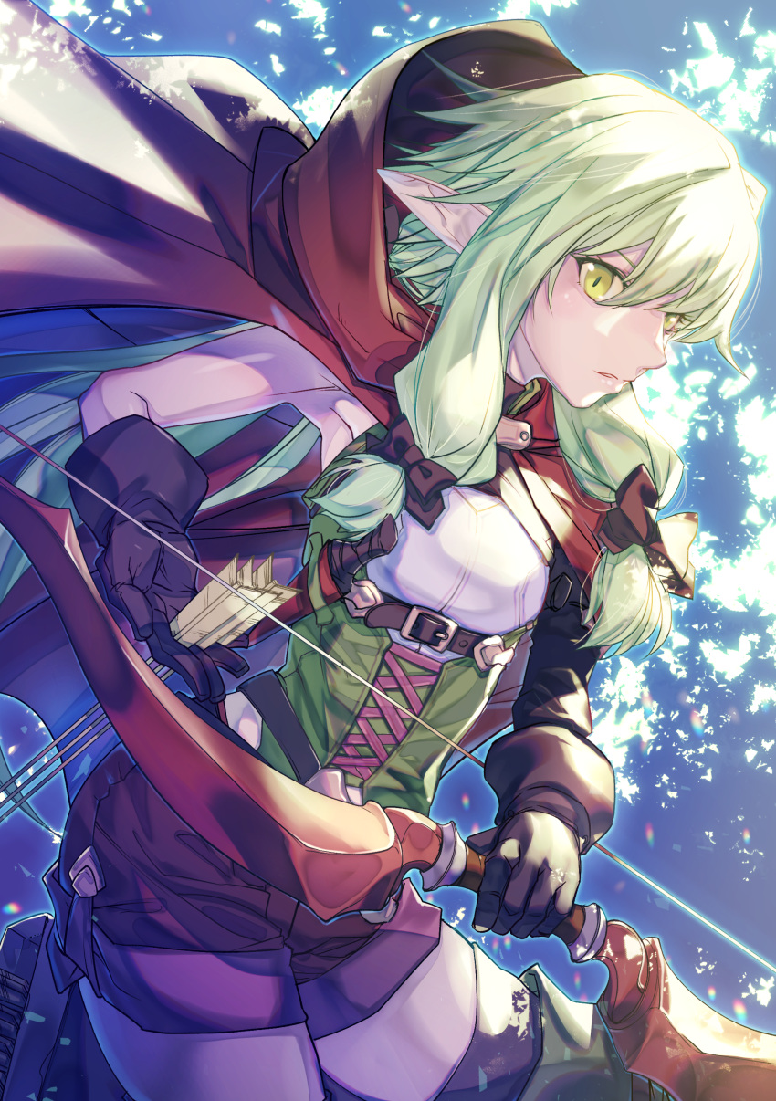 1girl absurdres aikura_chihiro arrow_(projectile) between_fingers bow breasts elf gloves goblin_slayer! green_eyes green_hair hair_between_eyes hair_bow high_elf_archer_(goblin_slayer!) highres holding holding_arrow long_hair pointy_ears short_shorts shorts sidelocks single_sleeve small_breasts solo thigh-highs