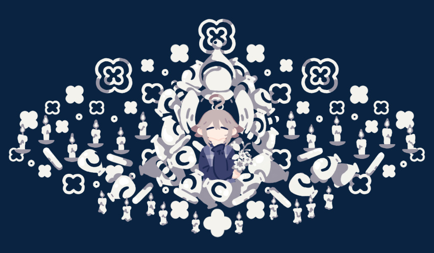 1girl ahoge bishop_(chess) blue_background blue_sweater board_game brown_hair candle candlestand chess chess_piece closed_eyes commentary_request facing_viewer flat_color flipped_hair flower_(symbol) grey_flower hand_on_own_chin hand_up long_sleeves no_lineart no_mouth no_nose nunusayu short_hair solo stroking_own_chin sweater thinking urotsuki yume_2kki
