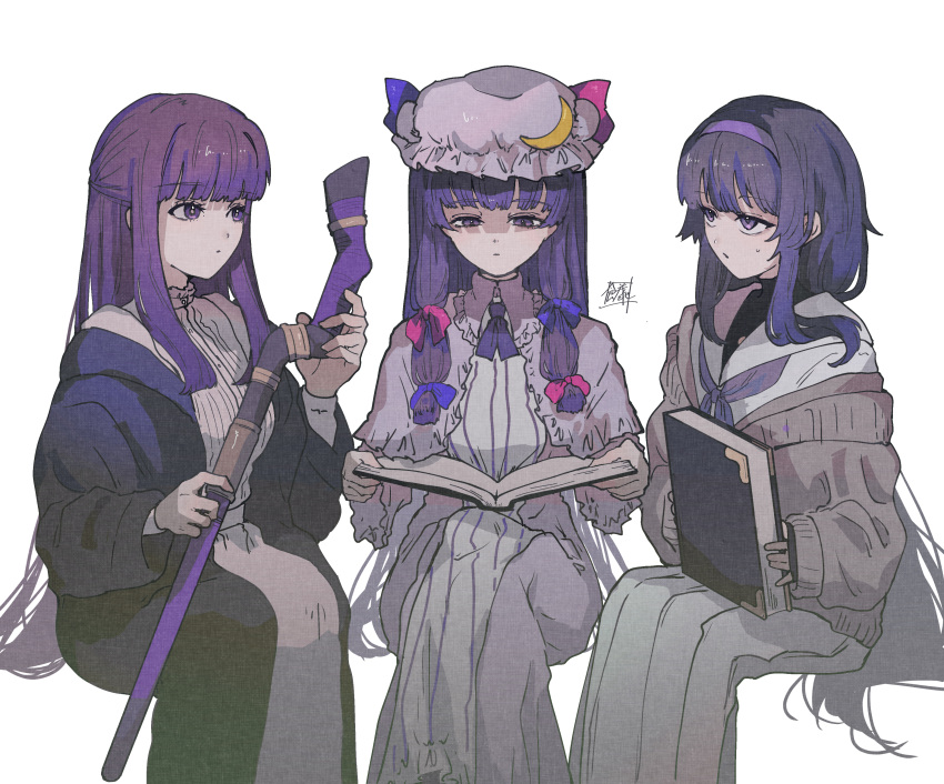 3girls absurdres black_hair blue_archive book commentary crescent crescent_hat_ornament crossover dress fern_(sousou_no_frieren) grey_jacket hairband hat hat_ornament highres holding jacket long_hair long_skirt long_sleeves mob_cap multiple_crossover multiple_girls open_book patchouli_knowledge pleated_skirt purple_hair purple_hairband purple_headwear sailor_collar signature simple_background skirt sokura_(mochichitose) sousou_no_frieren striped striped_dress touhou ui_(blue_archive) vertical-striped_dress vertical_stripes violet_eyes white_background white_dress white_sailor_collar white_skirt