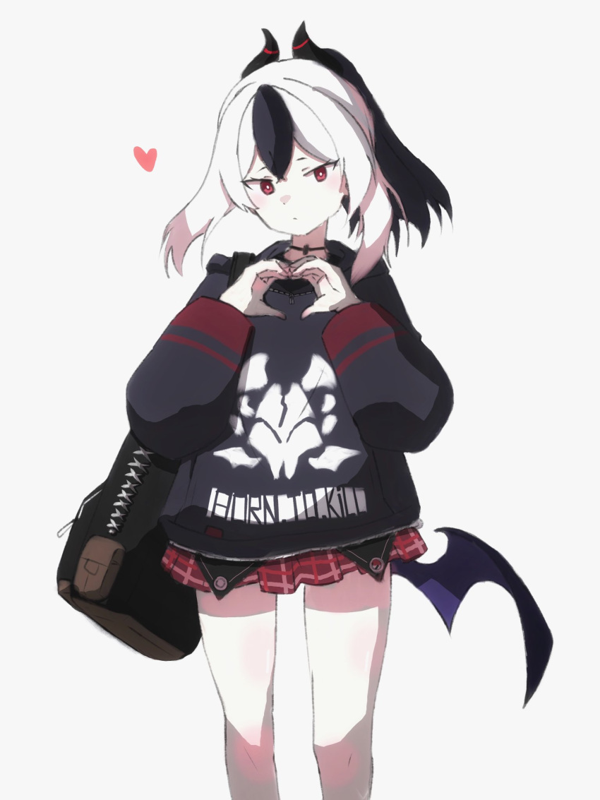 1girl backpack bag black_hair black_hoodie blue_archive bright_pupils choker closed_mouth feet_out_of_frame hand_up heart heart_hands highres hood hoodie horns kayoko_(blue_archive) long_sleeves looking_at_viewer low_wings miniskirt multicolored_hair ponytail red_eyes red_skirt simple_background single_wing skirt solo standing two-tone_hair uni_gyoza white_background white_hair white_pupils wings