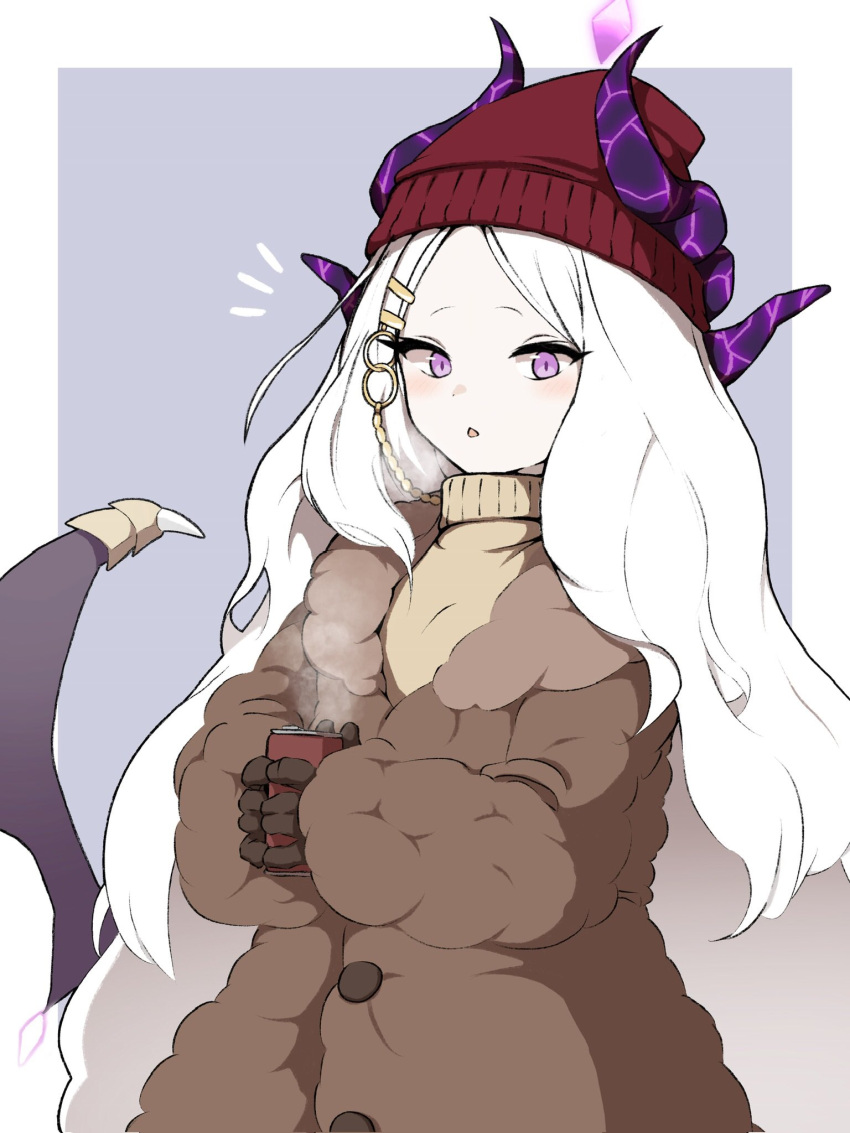 1girl alternate_costume beanie blue_archive brown_coat brown_gloves brown_sweater can coat gloves hair_ornament hairclip hat highres hina_(blue_archive) holding holding_can horns horns_through_headwear long_hair looking_at_viewer notice_lines open_mouth pink_eyes red_headwear solo steam sweater turtleneck turtleneck_sweater uni_gyoza upper_body very_long_hair white_hair wings
