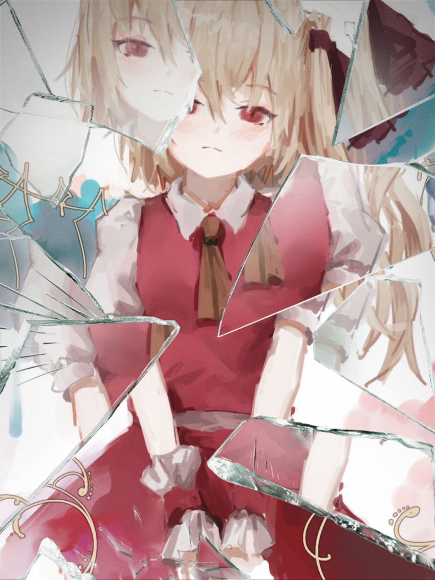 1girl ascot broken_glass closed_mouth commentary english_commentary flandre_scarlet glass hair_ribbon highres looking_at_viewer red_eyes red_ribbon red_skirt red_vest reddizen ribbon shirt short_sleeves skirt solo touhou vest white_shirt wrist_cuffs yellow_ascot