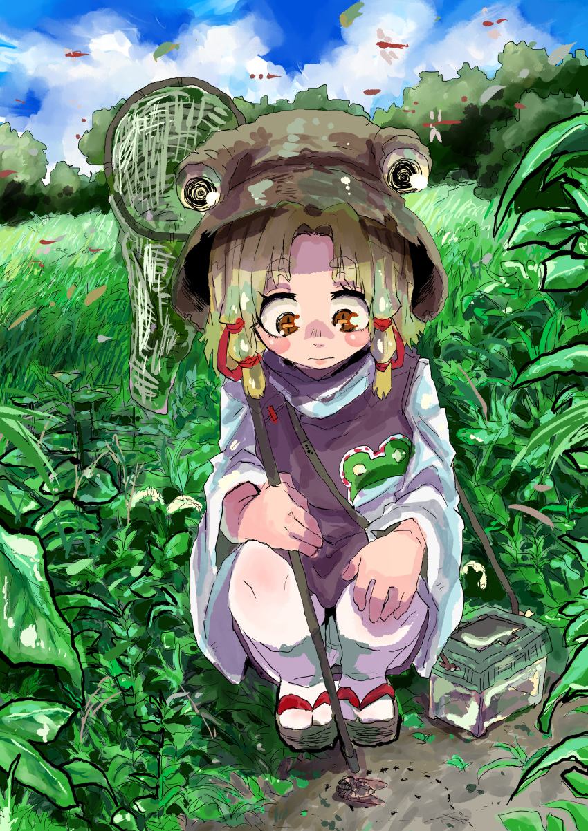 1girl absurdres animal_print ant blonde_hair blue_sky blush_stickers brown_eyes brown_headwear bug butterfly_net closed_mouth clouds cloudy_sky day dragonfly frog_print full_body grass hair_ribbon hand_net highres holding holding_butterfly_net insect_cage inuyama_konan long_sleeves looking_down moriya_suwako nature outdoors parted_bangs plant purple_vest red_ribbon ribbon shirt short_hair sky socks solo squatting summer tabi thick_eyebrows thigh-highs touhou turtleneck vest white_shirt white_socks wide_sleeves zouri