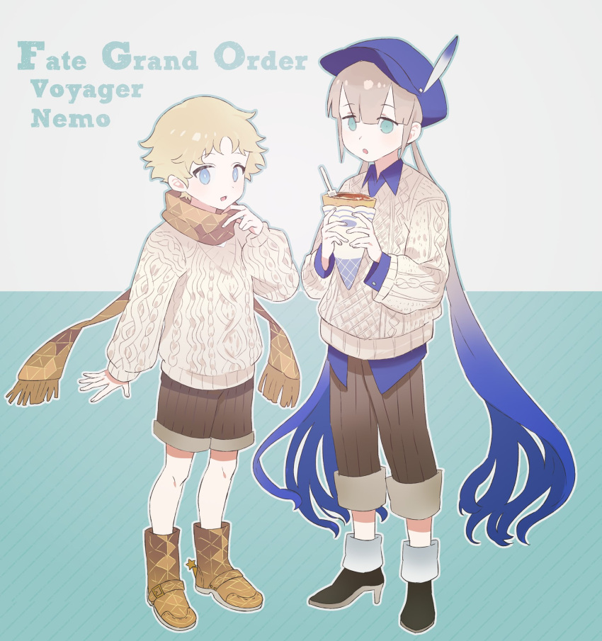 2boys black_footwear blonde_hair blue_eyes blue_headwear brown_footwear brown_pants brown_scarf brown_shorts captain_nemo_(fate) character_name copyright_name fate/grand_order fate_(series) food gradient_hair hat_feather high_heels highres holding holding_food holding_ice_cream ice_cream long_hair male_focus multicolored_hair multiple_boys nemo_(fate) pants scarf short_hair shorts tetsu_(teppei) twintails very_long_hair voyager_(fate)