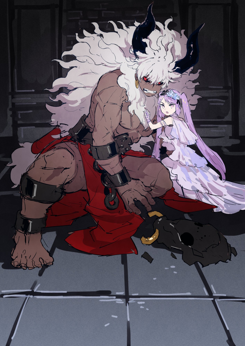 1boy 1girl asterios_(fate) black_horns black_sclera colored_sclera dress euryale_(fate) fate/grand_order fate_(series) grimace highres horns long_hair mane pectorals purple_hair red_eyes scar scar_on_arm scar_on_chest squatting tetsu_(teppei) twintails very_long_hair violet_eyes white_dress white_hair
