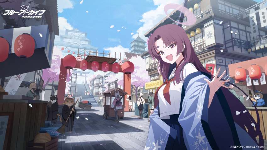 1girl 6+girls 6+others absurdres animal_ears black_skirt blue_archive blush breasts building cherry_blossoms clouds day eyeshadow fang floral_print furry gun halo haori highres ikkia japanese_clothes lantern logo long_hair long_sleeves looking_at_viewer makeup multiple_girls multiple_others neckerchief official_art open_mouth outdoors petals pleated_skirt purple_hair purple_halo red_eyeshadow red_neckerchief sailor_collar school_uniform serafuku short_hair skin_fang skirt sky smile solo_focus violet_eyes weapon white_sailor_collar wide_sleeves yukari_(blue_archive)