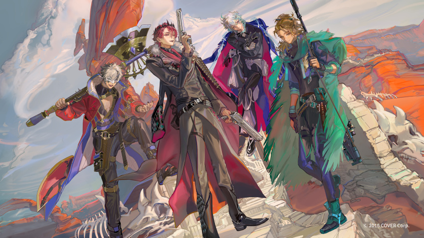 4boys absurdres animal_skeleton axe belt black_gloves black_hair black_pants blue_hair boots brown_hair cape cleavage_cutout clothing_cutout clouds cloudy_sky coat coat_on_shoulders copyright_name crimzon_ruze crossed_arms desert dual_wielding earrings english_commentary eye_mask full_body fur-trimmed_coat fur_trim garter_straps gloves goldbullet green_cape grey_hair gun highres holding holding_axe holding_gun holding_weapon holoarmis holostars holostars_english holster huge_weapon jacket jacket_on_shoulders jewelry jurard_t_rexford long_coat long_hair looking_at_viewer male_focus multicolored_hair multiple_belts multiple_boys octavio official_art one_eye_covered open_clothes open_coat over_shoulder pants pectorals pink_eyes ponytail red_eyes redhead rifle short_hair sky smile standing taro-k thigh_holster thigh_strap torn_cape torn_clothes two-tone_hair violet_eyes virtual_youtuber weapon weapon_over_shoulder white_hair yellow_eyes