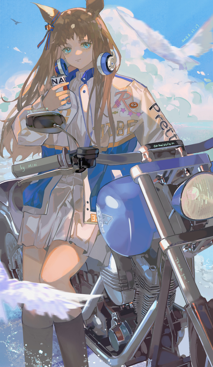 1girl absurdres animal_ears blue_eyes blue_sky boots brown_footwear brown_hair can clouds cloudy_sky commission feet_out_of_frame grass_wonder_(umamusume) headphones headphones_around_neck highres holding holding_can horse_ears horse_girl horse_tail jacket jiaotang_xiaodoudou leaning_against_motorcycle long_sleeves motor_vehicle motorcycle ocean open_clothes open_jacket pleated_skirt skirt sky smile solo tail umamusume white_skirt