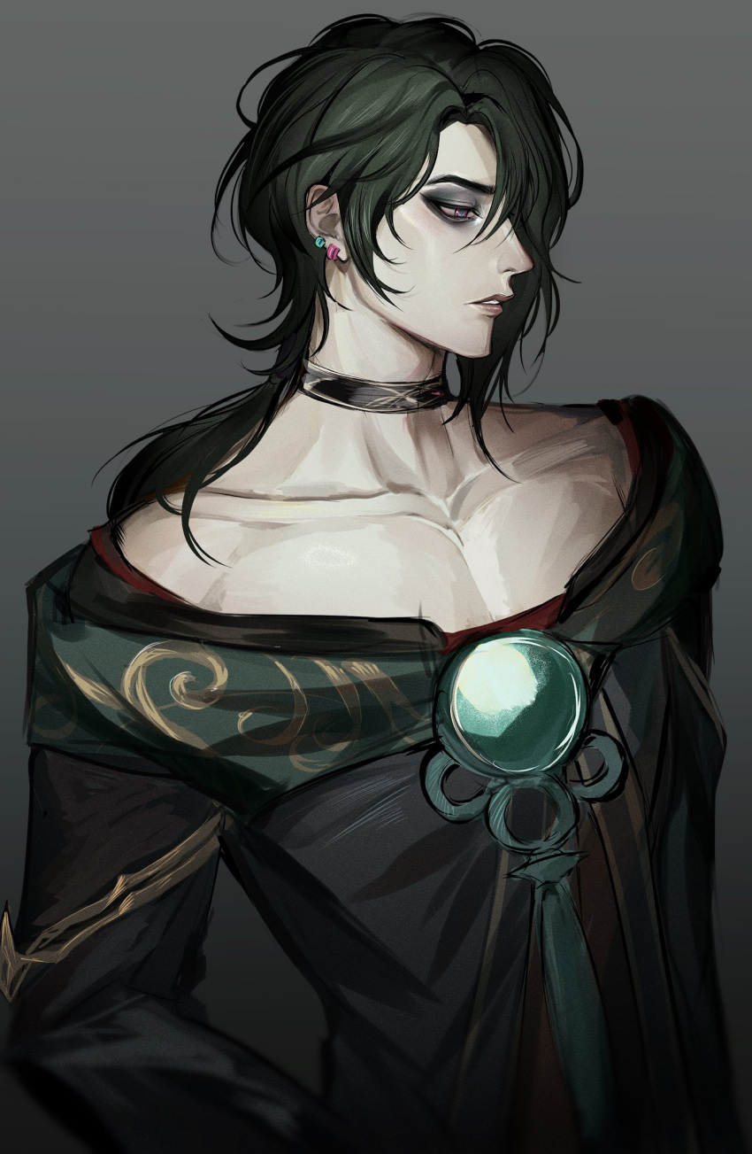 1boy black_eyeshadow black_hair collarbone earrings expressionless eyeshadow grey_background highres hwei_(league_of_legends) jewelry league_of_legends long_hair looking_ahead makeup male_focus parted_lips ponytail simple_background solo swept_bangs upper_body violet_eyes zyrophin