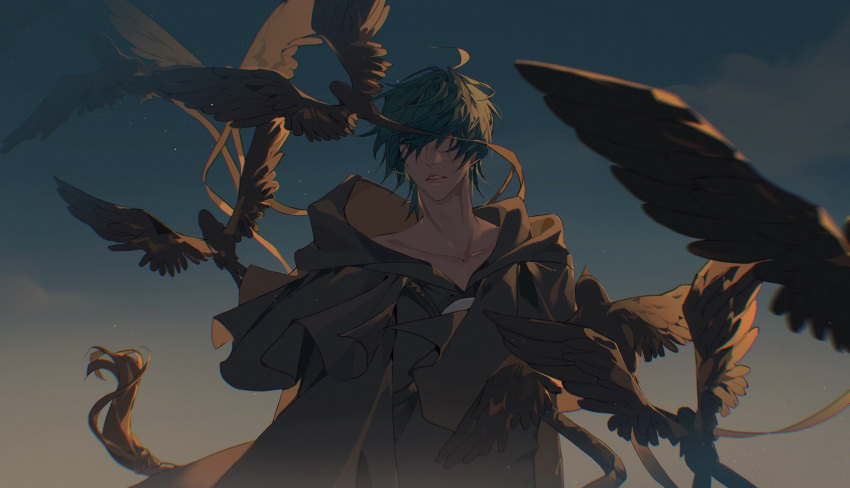 1boy ahoge animal bird black_bird black_capelet black_hair black_robe blue_sky capelet clouds collarbone commentary final_fantasy final_fantasy_xiv flock hermes_(ff14) highres hood hood_down hooded_capelet male_focus namaiwanai no_eyes outdoors parted_lips robe short_hair sky solo symbol-only_commentary upper_body wind