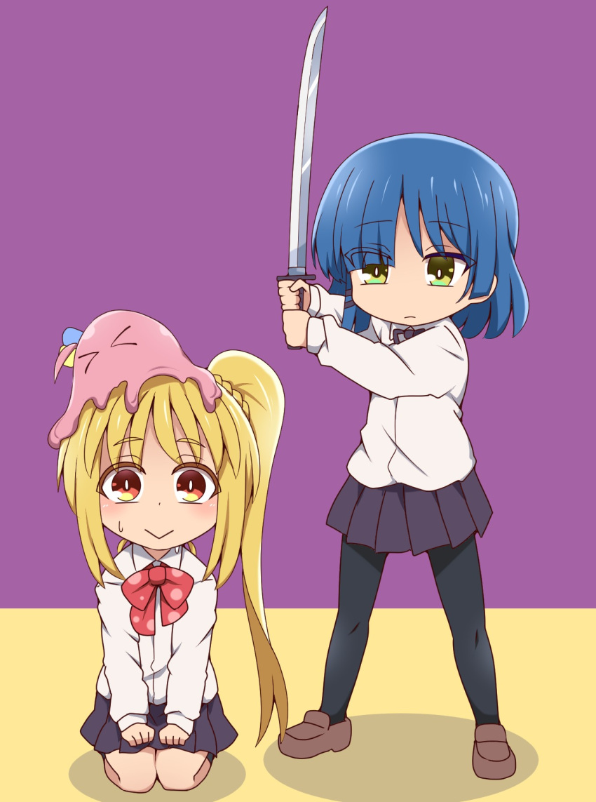 2girls :&gt; black_pantyhose black_skirt blonde_hair blue_hair blunt_bangs blush bocchi_the_rock! bow bowtie brown_eyes brown_footwear closed_mouth commentary_request expressionless eyes_visible_through_hair flat_chest full_body gotoh_hitori gotoh_hitori_(octopus) hair_between_eyes high_side_ponytail highres holding holding_sword holding_weapon ijichi_nijika katana kill_me_baby loafers long_hair looking_at_another medium_bangs multiple_girls pantyhose parody pleated_skirt purple_background red_bow red_bowtie seiza shoes short_hair simple_background sitting skirt smile standing suwaneko sword very_long_hair weapon yamada_ryo yellow_eyes