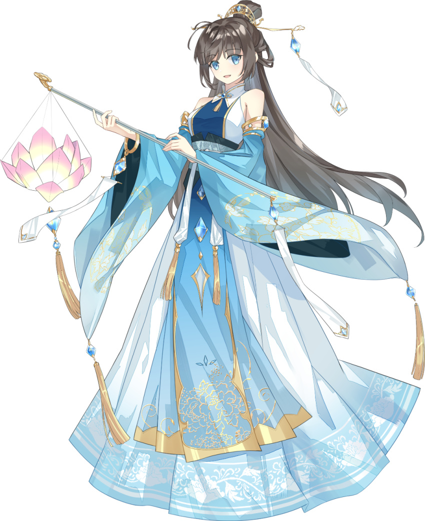 1girl :d akagi_(akagi1924) alternate_costume black_hair blue_dress blue_gemstone bracelet chinese_clothes choppy_bangs closed_mouth cloud_print detached_sleeves dress female_master_(the_tale_of_food) floral_print flower full_body gem gold_trim gradient_clothes hair_bun hair_ornament hair_stick half_updo highres holding holding_lantern jewelry lantern long_dress long_hair long_sleeves looking_at_viewer lotus sash sidelocks sleeveless sleeveless_dress smile solo standing tassel the_tale_of_food themed_object transparent_background white_dress white_sash wide_sleeves xiao_guan_(headdress)