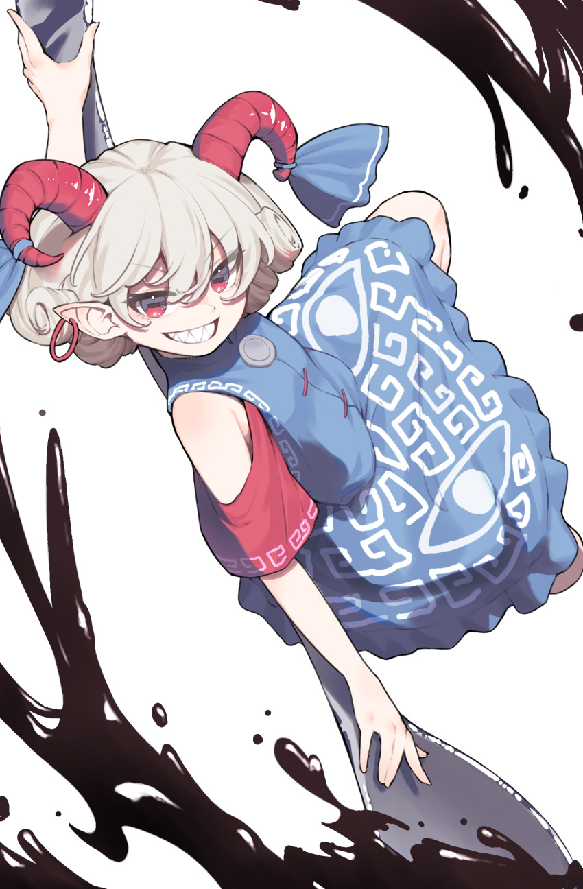 1girl absurdres blue_dress blue_ribbon cropped_legs curled_horns dress garasuno grey_hair grin highres holding holding_spoon horn_ornament horn_ribbon horns oversized_object pointy_ears red_eyes red_horns red_sleeves ribbon sharp_teeth sheep_horns short_hair short_sleeves smile solo spoon teeth touhou toutetsu_yuuma