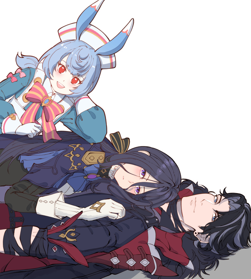 1boy 2girls absurdres animal_ears bandaged_arm bandaged_neck bandages black_hair blue_eyes blue_hair bow bowtie clorinde_(genshin_impact) closed_mouth coat coat_on_shoulders earrings elbow_rest from_side genshin_impact gloves grey_hair hair_between_eyes hand_on_own_cheek hand_on_own_face hat head_rest height_difference hetero highres jewelry light_smile lips long_hair long_sleeves lying lying_on_person multicolored_hair multiple_girls nurse_cap on_back on_stomach open_mouth rchella redhead short_hair sigewinne_(genshin_impact) simple_background smile two-tone_hair upper_body violet_eyes white_background wriothesley_(genshin_impact)