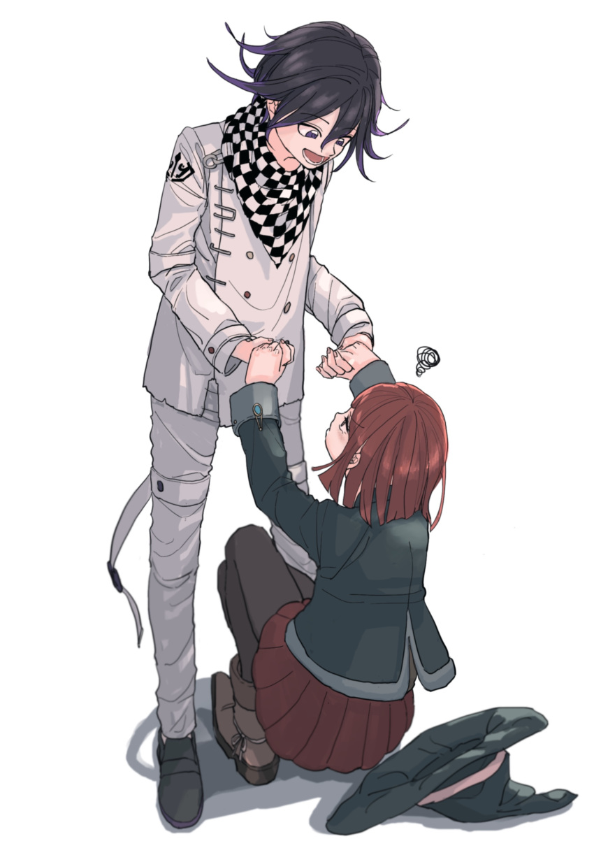 1boy 1girl :d black_hair black_headwear blush brown_footwear buttons checkered_clothes checkered_scarf danganronpa_(series) danganronpa_v3:_killing_harmony double-breasted eye_contact grey_background grey_pants hands_up hat highres holding_hands long_sleeves looking_at_another looking_down lower_teeth_only medium_hair miniskirt multicolored_hair oma_kokichi pants pleated_skirt purple_hair red_skirt redhead scarf short_hair simple_background skirt smile squatting squiggle standing teeth tongue two-tone_hair witch_hat yoshie_(komaneko0007) yumeno_himiko
