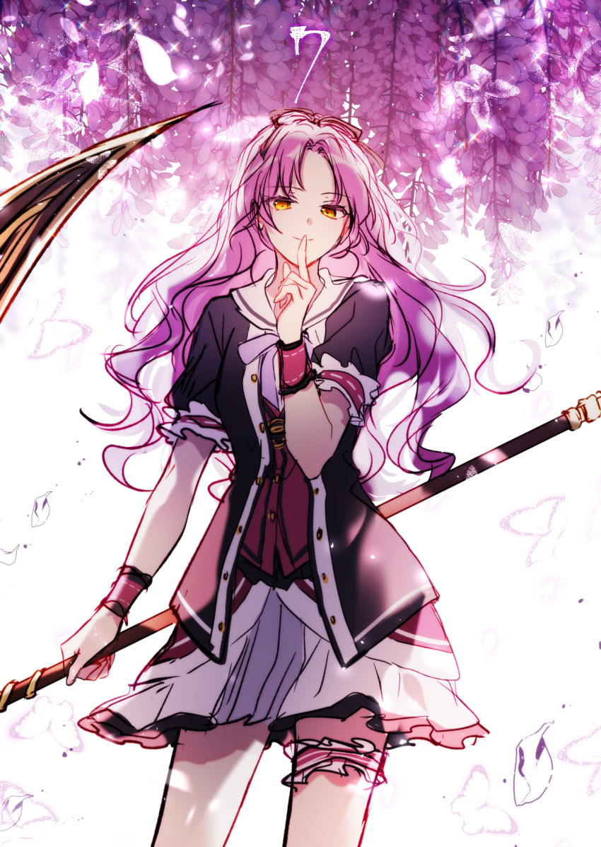 1girl black_jacket bug butterfly closed_mouth cowboy_shot eiyuu_densetsu flower frilled_sleeves frills highres holding holding_scythe index_finger_raised jacket looking_at_viewer pink_hair purple_flower renne_(eiyuu_densetsu) scythe sen_no_kiseki sen_no_kiseki_iv short_sleeves simple_background skirt smile soap_(user_kghh4755) solo white_background white_skirt wisteria wristband yellow_eyes