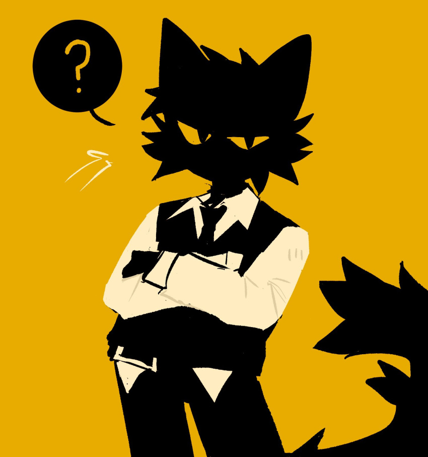 1boy ? animal_ears animal_hospital_(roblox) black_cat black_fur black_necktie black_vest blending cat cat_boy cat_ears cat_tail collared_shirt commentary crossed_arms english_commentary highres looking_at_viewer male_focus necktie no_lineart poiuushho roblox secret_agent_(animal_hospital) shirt solo spoken_question_mark tail vest yellow_background