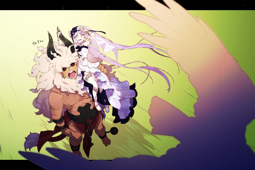 1boy 1girl asterios_(fate) ball_and_chain_restraint bird black_hairband black_horns black_sclera colored_sclera dress euryale_(fate) fate/grand_order fate_(series) from_above hairband highres horns lolita_hairband looking_up mane open_mouth red_eyes scar scar_on_arm scar_on_leg sitting_on_shoulder teeth tetsu_(teppei) twintails white_dress white_hair