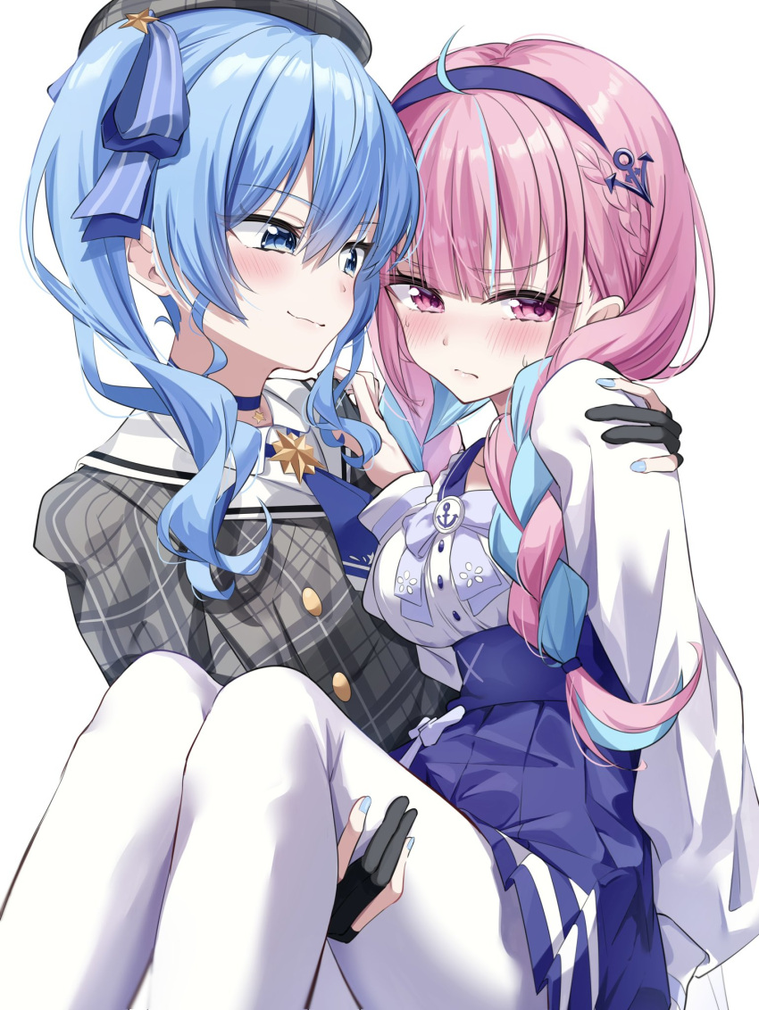 2girls ascot averting_eyes beret black_gloves blue_ascot blue_choker blue_eyes blue_hair blue_hairband blue_nails blue_sailor_collar blue_skirt blunt_bangs blush braid carrying carrying_person choker closed_mouth collared_shirt commentary_request feet_out_of_frame french_braid frilled_sailor_collar frills gloves grey_headwear grey_jacket hair_between_eyes hairband hat high-waist_skirt highres hololive hoshimachi_suisei hoshimachi_suisei_(1st_costume) jacket long_hair long_sleeves looking_at_another medium_hair minato_aqua minato_aqua_(5th_costume) multicolored_hair multiple_girls muyamii nail_polish official_alternate_costume official_alternate_hairstyle open_clothes open_jacket pantyhose partially_fingerless_gloves pink_eyes pink_hair plaid plaid_headwear plaid_jacket pleated_skirt princess_carry sailor_collar sailor_shirt school_uniform serafuku shirt sidelocks simple_background skirt smile star_(symbol) star_choker streaked_hair twin_braids twintails upper_body virtual_youtuber white_background white_jacket white_pantyhose white_shirt yuri