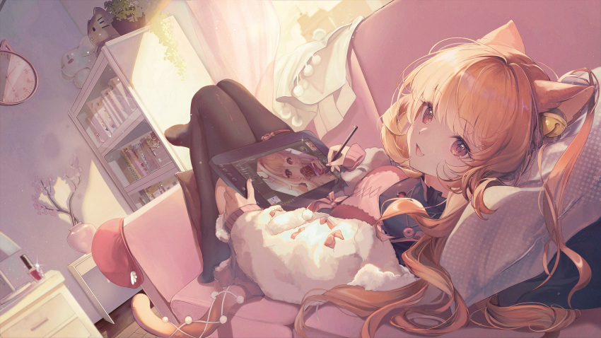 1girl absurdres animal_ears bedroom black_thighhighs blonde_hair book bookshelf brown_eyes cat_ears cat_girl cat_tail clock commentary couch curtains desk drawing drawing_tablet ear_bell fang highres holding holding_drawing_tablet holding_stylus indoors kagefumi long_hair long_sleeves looking_at_viewer lying nail_polish no_shoes on_back on_couch open_mouth original pillow plant potted_plant smile solo sparkle stylus symbol-only_commentary tail thigh-highs vase window