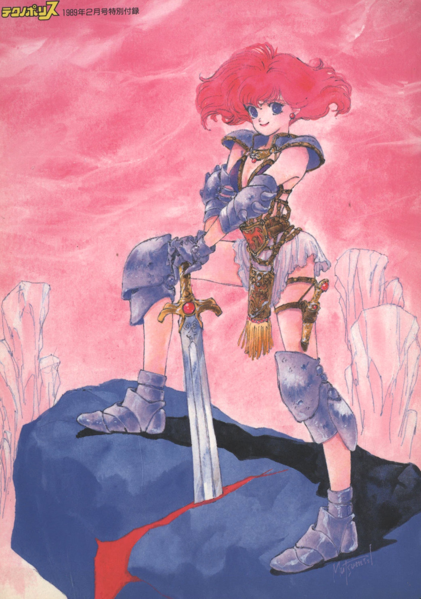 1980s_(style) 1girl armor armored_boots blue_eyes boots dated earrings fantasy full_body gloves highres holding holding_sword holding_weapon inomata_mutsumi jewelry medium_hair miniskirt non-web_source original outdoors planted planted_sword red_sky redhead retro_artstyle scan shoulder_armor skirt sky smile solo standing sword technopolis weapon