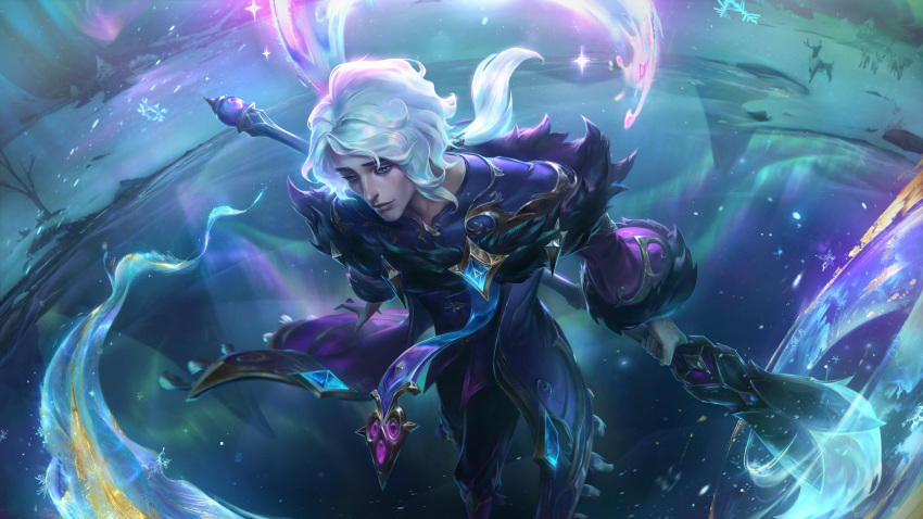 1boy absurdres aurora closed_mouth coat deer english_commentary floating frozen_lake fur-trimmed_coat fur_trim highres holding holding_brush holding_weapon hwei_(league_of_legends) lake league_of_legends light_particles long_hair male_focus official_alternate_costume official_alternate_hairstyle official_art outdoors ponytail purple_coat smile snow snowflakes solo tree violet_eyes weapon white_hair winterblessed_hwei
