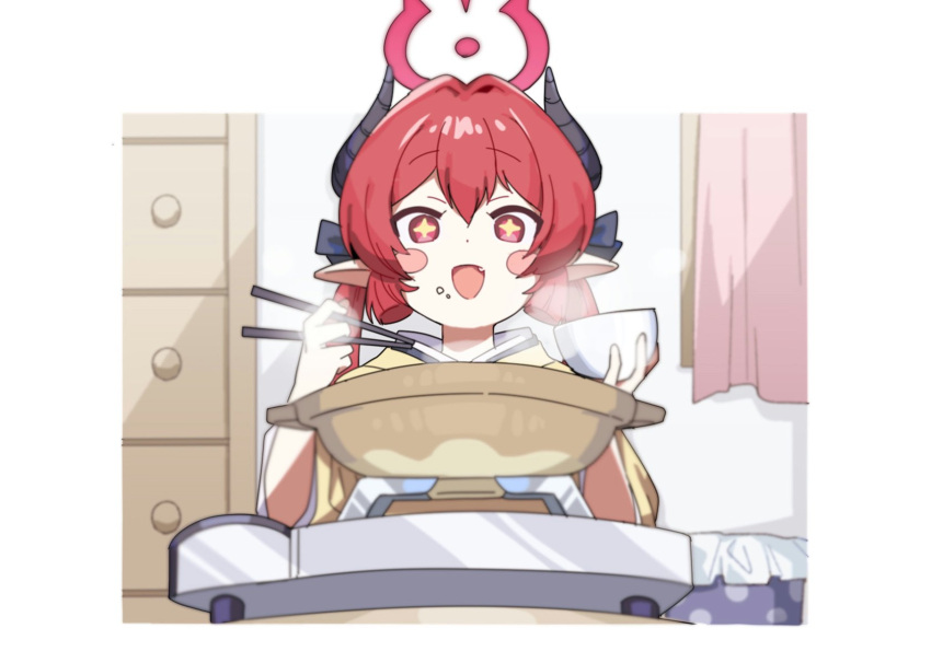 +_+ 1girl black_horns blue_archive blush_stickers bowl chopsticks curtains demon_horns hair_between_eyes highres holding holding_bowl holding_chopsticks horns indoors junko_(blue_archive) long_hair open_mouth pointy_ears red_eyes redhead smile solo syumi080