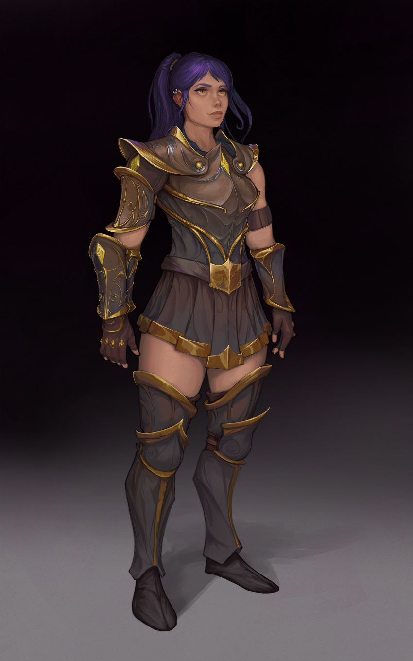 1girl absurdres armor armored_boots armored_skirt blue_hair boots buckle commentary commission dang_(runescape) earrings english_commentary fingerless_gloves full_body gauntlets gem gloves gradient_background greaves highres jewelry knight_of_cydonia long_hair medieval orange_eyes original plate_armor ponytail runescape simple_background solo spiked_ear_piercing standing thick_eyebrows