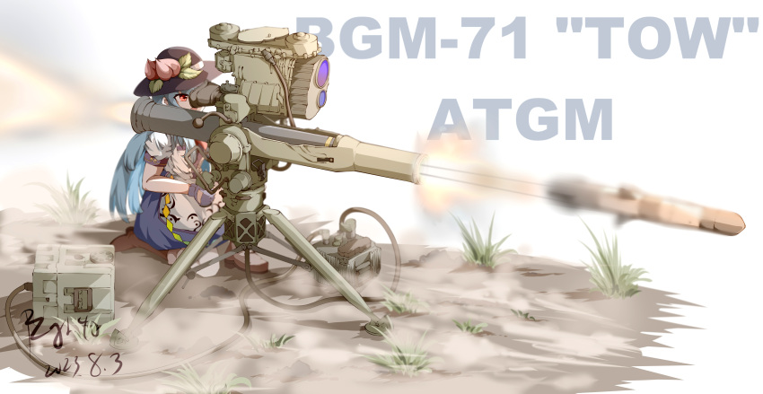1girl absurdres bgm-71 black_headwear blue_gloves blue_hair blue_skirt brown_footwear chinese_commentary commentary_request dated full_body gloves grass highres hinanawi_tenshi kneeling leaf long_hair military missile outdoors peach_hat_ornament pzgr.40 rainbow_order red_eyes rocket_launcher short_sleeves signature sitting skirt solo touhou turret weapon