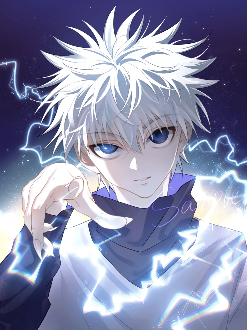 1boy absurdres child electricity electrokinesis energy fingernails highres hunter_x_hunter killua_zoldyck layered_sleeves long_fingernails long_sleeves looking_at_viewer male_focus pointing ppttppff sharp_fingernails short_over_long_sleeves short_sleeves solo spiky_hair upper_body white_hair