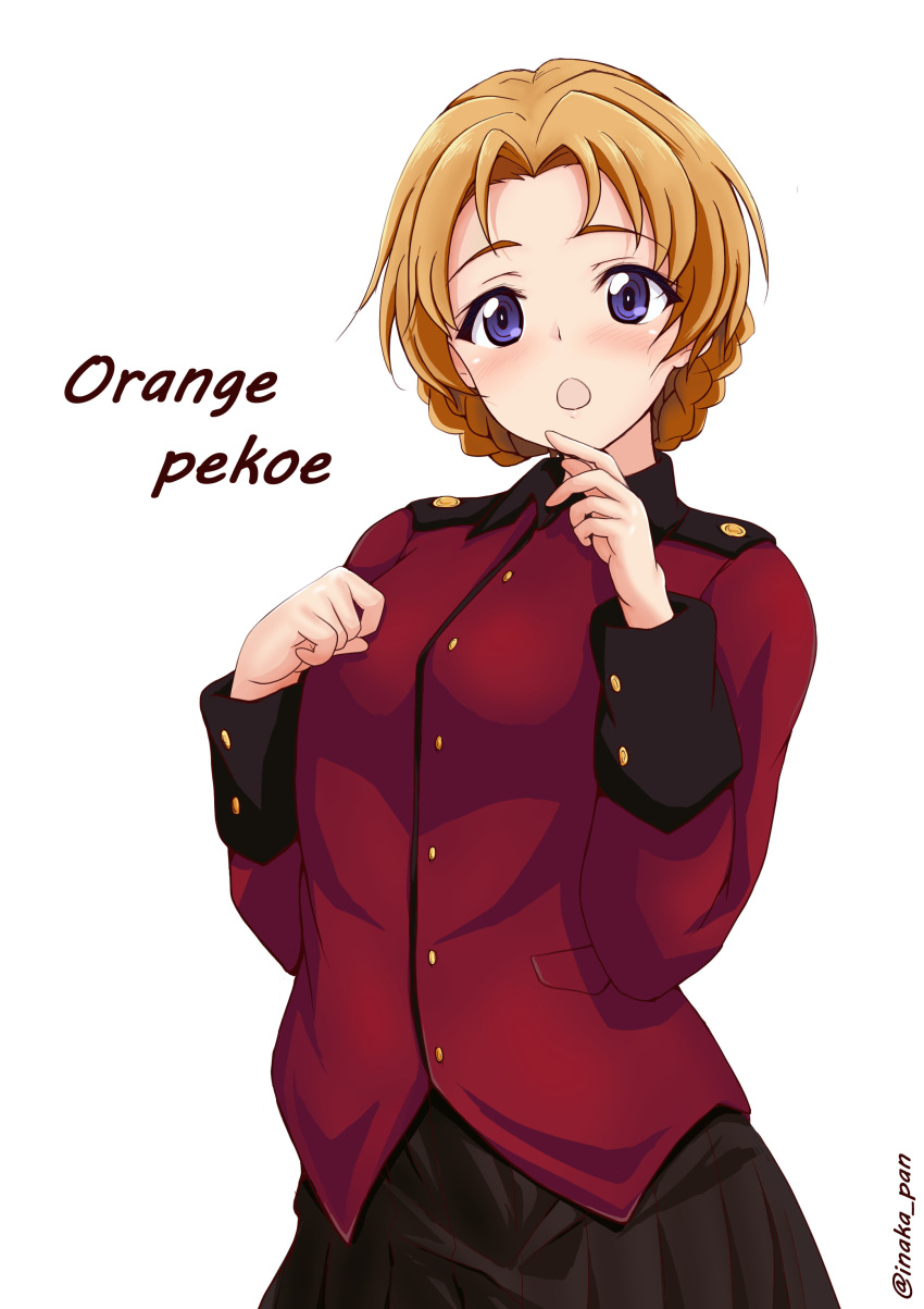 1girl :o absurdres black_skirt blue_eyes braid character_name finger_to_mouth girls_und_panzer highres inaka_pan jacket light_blush long_sleeves looking_at_viewer military_uniform miniskirt open_mouth orange_hair orange_pekoe_(girls_und_panzer) pleated_skirt red_jacket short_hair simple_background skirt solo st._gloriana's_military_uniform standing twin_braids twitter_username uniform white_background