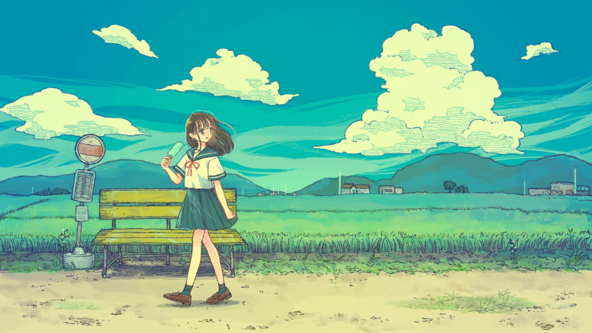1girl :o bench blue_sailor_collar blue_skirt blue_sky blue_socks blush brown_eyes brown_footwear brown_hair building bus_stop_sign choppy_bangs clouds commentary_request day dirt_road field floating_hair food grass hand_up highres holding holding_food holding_popsicle house loafers long_hair looking_back mountainous_horizon neck_ribbon open_mouth original outdoors pleated_skirt popsicle port_(portzzz) red_ribbon ribbon road road_sign sailor_collar scenery school_uniform shirt shoes short_sleeves sign skirt sky sleeve_cuffs socks solo tree walking white_shirt