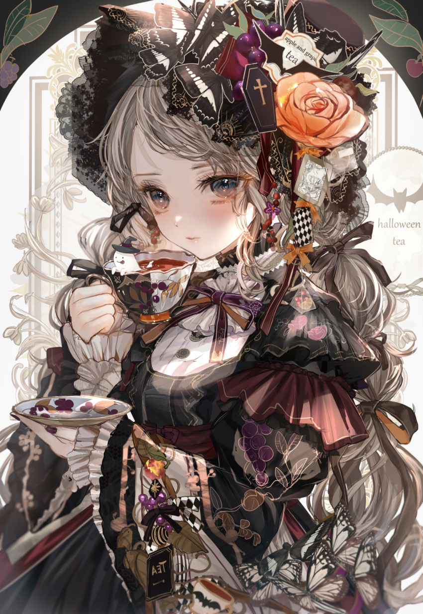 1girl apple black_theme blue_eyes bow bowtie bug butterfly coffin cup english_text food fruit gothic gothic_lolita grey_hair halloween highres holding holding_cup holding_saucer komorihikki lolita_fashion original purple_bow purple_bowtie purple_nails saucer solo tea teacup wide_sleeves