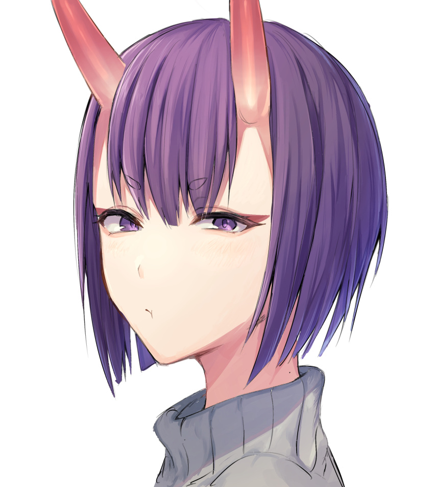 1girl absurdres closed_mouth commentary eyeliner fate/grand_order fate_(series) grey_sweater hair_between_eyes highres horns ichiya1115 light_blush looking_at_viewer makeup mole mole_on_neck oni oni_horns portrait pout purple_hair short_eyebrows short_hair shuten_douji_(fate) skin-covered_horns solo sweater violet_eyes white_background