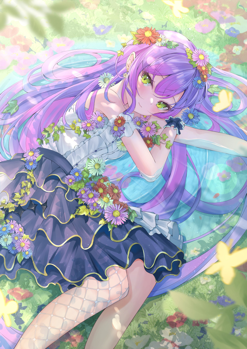 1girl absurdres alternate_costume arm_cuffs bare_shoulders black_skirt blush earrings fishnet_thighhighs fishnets flower frilled_skirt frills gradient_hair green_eyes hair_flower hair_ornament highres hololive jewelry looking_at_viewer lying lying_on_water multicolored_hair on_side pointy_ears purple_hair ririge shirt single_thighhigh skirt solo thigh-highs tokoyami_towa virtual_youtuber white_shirt wrist_cuffs