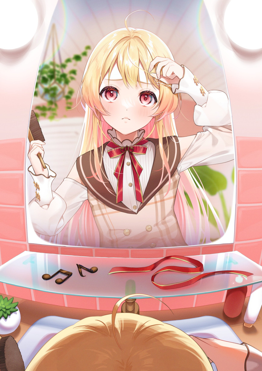 1girl absurdres ahoge bathroom blonde_hair bow bowtie chamuri_(chumriiism) hair_brush hair_ornament highres hololive hololive_dev_is long_hair looking_at_mirror looking_at_viewer mirror musical_note musical_note_hair_ornament otonose_kanade red_bow red_bowtie red_eyes red_ribbon ribbon sink sitting solo unworn_hair_ornament unworn_ribbon virtual_youtuber